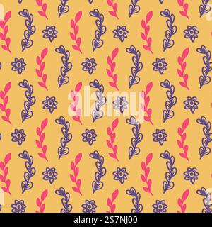 Blooming flowers and foliage on branches and twigs. Vintage flourishing and leaves, leafage floral composition or ornament. Seamless pattern, wallpaper print or background. Vector in flat style. Flourishing flowers and blossom, foliage print Stock Vector