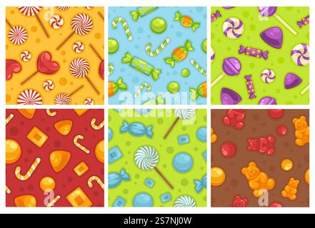 Decorative pattern set with colorful sweet candies. Background decoration collection with delicious sweet food, vector illustration. Lollipops, chocolate and gummy bears at seamless banner. Decorative patter set with colorful sweet candies Stock Vector