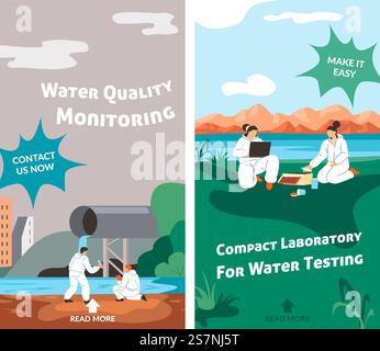 Compact laboratory for water testing, quality and statistics about liquids and chemicals. Make it easy, contact us now. Promotional banner and advertisement of specialists. Vector in flat style. Water quality monitoring, compact laboratory set Stock Vector