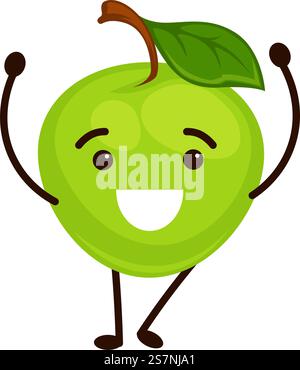 Apple character with smiling facial expression, isolated cheerful personage with leaf on head, sweet muzzle, and hands raised up. Emoji or sticker, natural product fruit. Vector in flat style. Cheerful apple character with leaf and hand vector Stock Vector