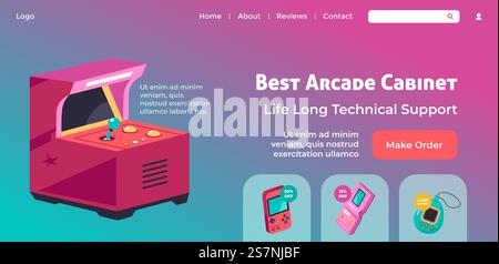 Arcade cabinet with best retro games for playing. Life long technical support, subscribe and get reduction of cost or discount. Website landing page, internet page template. Vector in flat style. Best arcade cabinet, life long technical support Stock Vector