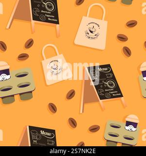 Cafe or restaurant outdoors table sign, beans and plastic cup with coffee beverage. Drink to go, takeaway latte or espresso. Seamless pattern, wallpaper print or background. Vector in flat style. Coffee shop sign and latte in cup, seamless print Stock Vector