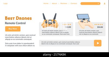 Drones with remote control, website page with reviews and information about gadgets. Screens and joysticks for controlling on distance. Buy any model now online in internet. Vector in flat style. Best drones with remote control, website page Stock Vector