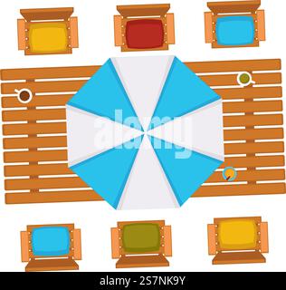 Outdoors wooden table with umbrella and chairs, isolated furniture for outside, garden or yard. Desk with cups of tea or coffee, summer season vacation or rest at home. Vector in flat styles. Summer outdoors table with umbrella and chairs Stock Vector