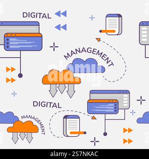 Management and digitalization, working on cloud services saving and storing data. Digital projects and projects assignment. Seamless pattern, background print or wallpaper. Vector in flat style. Digital management, work on projects patterns Stock Vector