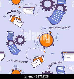 Deadlines and time management for team, projects and working process. Schedule and meetings with coworkers, business ideas. Seamless pattern, background print or wallpaper. Vector in flat style. Time management and deadlines, seamess pattern Stock Vector
