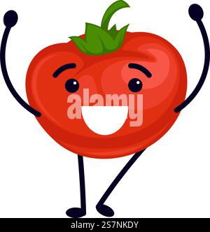 Positive and smiling cartoon character with facial expression and raised hands. Isolated vegetable personage cheering plant. Sticker or emoji, emoticon for social media. Vector in flat style. Cheerful tomato plant, positive cartoon character Stock Vector
