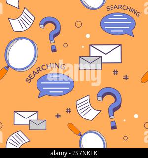Business search and development of company or organization. Question marks and speech bubbles, magnifying glass and emails. Seamless pattern, background print or wallpaper. Vector in flat style. Searching answer for question, seamless pattern Stock Vector