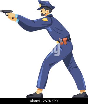 Cop pointing gun, isolated policeman on duty in dangerous situation. Detective or police worker with badge and uniform, copper at work applying force to criminals and villains. Vector in flat style. Detective or officer, cop pointing gun, vector Stock Vector