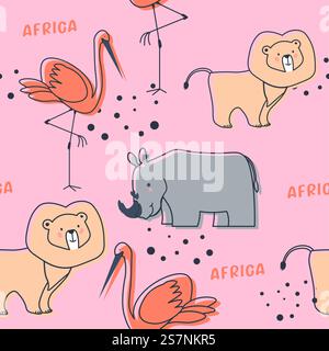 Animals from Africa, biodiversity and nature, African wilderness. Lion and flamingo bird, rhinoceros. Zoo park or reserve. Seamless pattern, wallpaper print or background. Vector in flat style. Africa animals, biodiversity seamless pattern Stock Vector