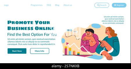 Find best option online an promote your business. Solutions and ideas for your startup or company, people with plan and scheme. Website landing page, internet site template. Vector in flat style. Promote your business online, find best option Stock Vector