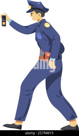 Policeman showing badge, isolated officer or detective in uniform with weapon. Police worker on duty caring for safety of city or town. Copper with gun and walkie talkie. Vector in flat style. Detective or officer, policeman showing badge Stock Vector