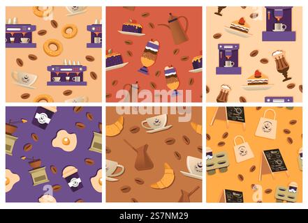 Background decoration with coffee shop elements. Colorful decorative pattern with drink cup, sweet dessert, vector illustration. Seamless banner with flat coffee machine, equipment and breakfast meal. Background decoration with coffee shop elements Stock Vector