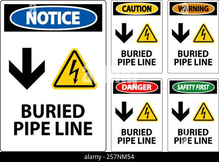 Caution Sign Buried Pipe Line With Down Arrow and Electric Shock Symbol Stock Vector