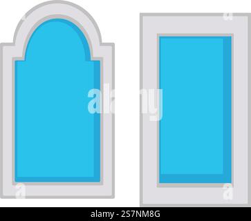 Architectural elements for building house or establishment. Isolated windows with classic square frame and modern or oriental arched shape. Clear glass and solid structure. Vector in flat style. Windows classic and arched styles, architecture Stock Vector