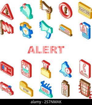 alert caution error danger icons set vector. security attention, exclamation risk, hazard mark, triangle safety alarm problem alert caution error danger isometric sign illustrations. alert caution error danger icons set vector Stock Vector