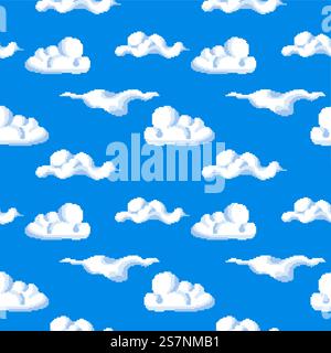 Pixel clouds on clear sky, pixelated white mass for game development design. Levels or adventure, 8 bit video play composition. Seamless pattern, wallpaper background or print. Vector in flat style. Pixelated clouds on clear sky, game design print Stock Vector