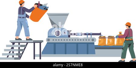 Workers wearing uniforms and helmets working on recycling of garbage and litter items. Isolated people with plastics and metal discharge on line with machinery. Vector in flat style illustration. Recycling facility, workers loading machine vector Stock Vector