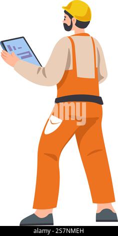 Worker in uniform working on construction site or garbage recycling station or facility. Isolated man looking at tablet, modern technologies at work of industry. Vector in flat style illustration. Foreman worker in uniform looking at screen gadget Stock Vector