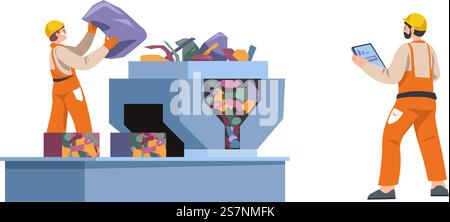 Facility workers loading machine for recycling. Ecological awareness and care for nature. People in uniform with helmets separating plastics and metal items, pressing machinery. Vector in flat style. Recycling facility workers with garbage and litter Stock Vector