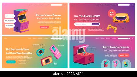 Landing page set design with retro video games. Online store offer with arcade cabinet, web banner collection, vector illustration. Website with retro controllers and consoles, gradient background. Landing page set design with retro video games Stock Vector