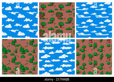 Background decoration with pixel game elements. Decorative background with retro electronic computer game elements, vector illustration. Sky clouds and forest tree collection at seamless banner. Background decoration with pixel game elements Stock Vector