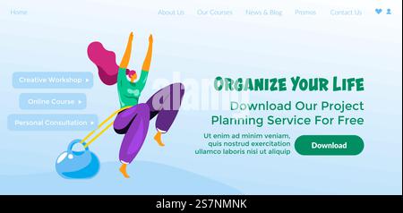 Download project planning service for free and organize your life. Creative workshop and online course, personal consultation and advice. Website page, landing page template. Vector in flat style. Organize your life, download project planning Stock Vector