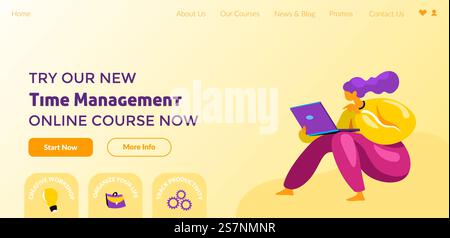 New time management course online, learn basics of the profession. Get skills and obtain knowledge and qualification. Website page, landing site templates. Vector in flat styles illustration. Try new time management online course now web Stock Vector