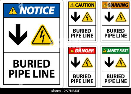 Caution Sign Buried Pipe Line With Down Arrow and Electric Shock Symbol Stock Vector