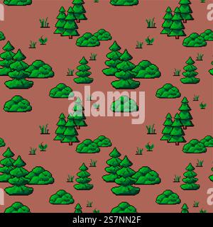 Pixelated forest with pine trees, bushes and grass. Pixel art of woods, game or 8 bit design, play level or location setting. Seamless pattern, wallpaper background or print. Vector in flat style. Forest or woods with pine trees and grass, pixel Stock Vector