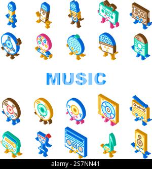 retro music party vintage icons set vector. 80s 90s disco, character style, poster flyer, smile modern, ball groovy, funky retro music party vintage isometric sign illustrations. retro music party vintage icons set vector Stock Vector