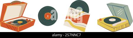 Vinyl plates with hits and famous compositions. Isolated music for players and gramophones. Cassettes for reproducing sons, entertainment and retro systems for musical joy. Vector in flat style. Hits and compositions on vinyl plates vectors Stock Vector