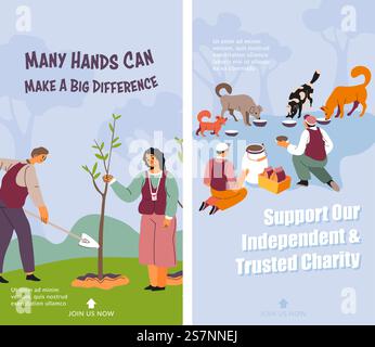 Support our independent and trusted charity. Many hands make big difference. Helping canine animals, dogs and pets by feeding them. Volunteers planting trees in park afforestation. Vector in flat style. Many hands can make big difference trusted charity Stock Vector