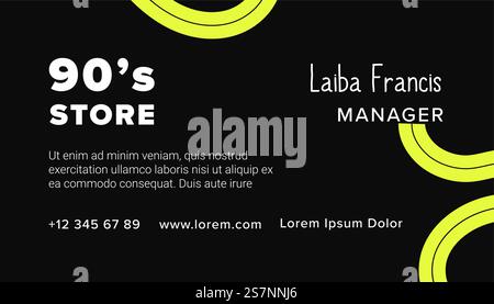 Old school product and devices in 90s store. Business card with information about market, manager name, phone number and website address. Shopping and getting great deals. Vector in flat style. Store with old school products and devices banner Stock Vector
