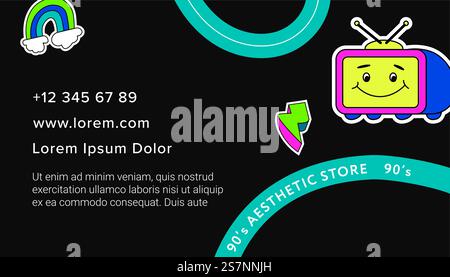 Old school and 90s aesthetics store production and devices on sale. Business card with phone number and website address. Television set with antenna, rainbow with clouds and lightning. Vector in flat. Business card of 90s aesthetics store, template Stock Vector