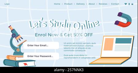 Enrol now and get 50 percent discount on courses and lessons. Lets study online in internet. Biology and physics, computer programming. Website page, landing page template. Vector in flat style. Lets study online, enroll now and get discounts Stock Vector