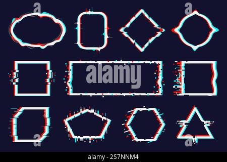 Trendy glitch effects borders. Different shapes frames. Distorted white pixel ovals. Square, round and triangular forms. Visual noises. Cyber dynamic Stock Vector