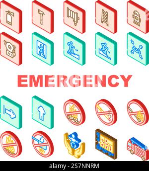 emergency fire exit safety escape icons set vector. building green, rescue red, evacuation signal, warning danger, equipment ladder risk emergency fire exit safety escape isometric sign illustrations. emergency fire exit safety escape icons set vector Stock Vector