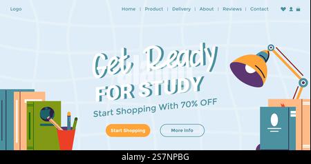 Star shopping now and get discount on products for school and university. Studying and obtaining knowledge at courses online in web. Website page, landing page template. Vector in flat style. Get ready for study, start shopping today, vector Stock Vector