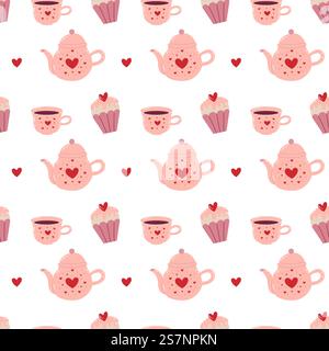 Hand drawn seamless pattern with teapot, cup and cupcake. Cute valentines day cupcake Stock Vector