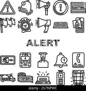 alert caution error danger icons set vector. security attention, exclamation risk, hazard mark, triangle safety alarm problem alert caution error danger black contour illustrations. alert caution error danger icons set vector Stock Vector