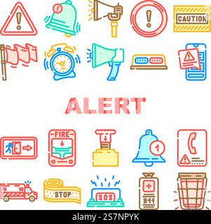 alert caution error danger icons set vector. security attention, exclamation risk, hazard mark, triangle safety alarm problem alert caution error danger color line illustrations. alert caution error danger icons set vector Stock Vector