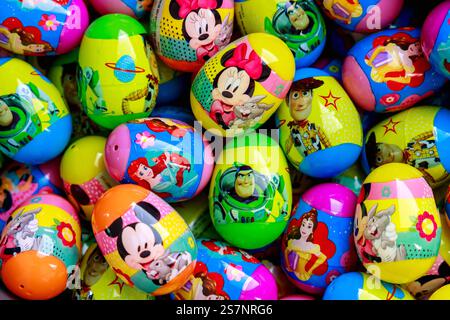 Colorful easter eggs featuring classic characters in vibrant designs for festive celebrations Stock Photo