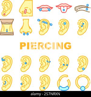 piercing ring earring nose icons set vector. metal jewelry, body pierce, nipple silver, hoop face, jewellery ear, navel piercing ring earring nose color line illustrations. piercing ring earring nose icons set vector Stock Vector