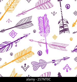 Tribal arrows seamless pattern. Boho ethnic longbow elements. Repeated print doodle style. Feathered weapons. Native American archer. Indian hunters b Stock Vector