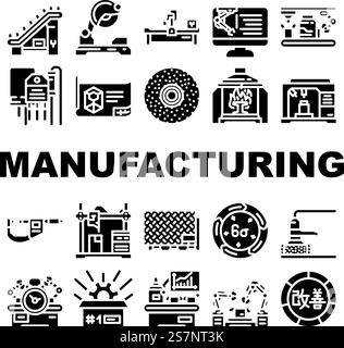 manufacturing factory production icons set vector. machine engineer, robot plant, construction technology, business work, machinery manufacturing factory production glyph pictogram Illustrations. manufacturing factory production icons set vector Stock Vector