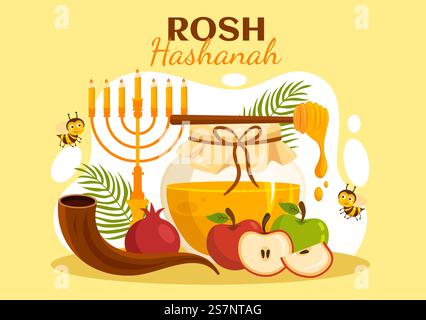 Happy Rosh Hashanah Vector Illustration of Jewish New Year Holiday with Apple, Pomegranate, Honey and Bee in Flat Cartoon Hand Drawn Templates Stock Vector