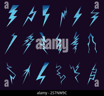 Lightning bolt icons. Cartoon blue thunderbolts. Different zigzag jagged shapes. Energy burst and storm strikes. Electrical battery discharges. Thunde Stock Vector