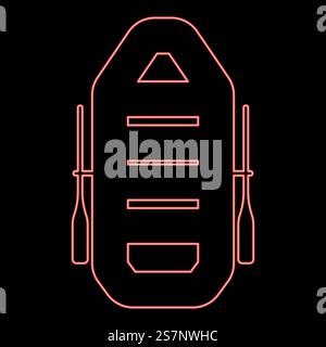 Neon inflatable boat with paddles oars water travel sport river ship leisure summer time concept red color vector illustration image flat style light. Neon inflatable boat with paddles oars water travel sport river ship leisure summer time concept red color vector illustration image flat style Stock Vector