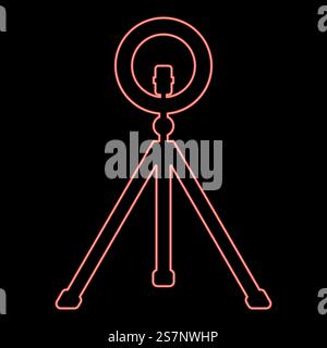 Neon led ring lamp on tripod with smartphone for phone studio photo light podcast concept equipment for streaming video red color vector illustration image flat style light. Neon led ring lamp on tripod with smartphone for phone studio photo light podcast concept equipment for streaming video red color vector illustration image flat style Stock Vector